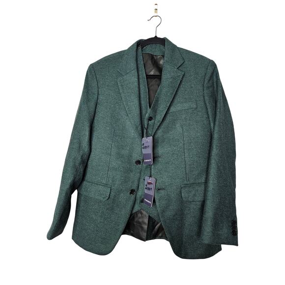 NEW Studiosuits 3 Piece Suit 38 30 Green Herringbone Vest Blazer Career Wool - Picture 9 of 10
